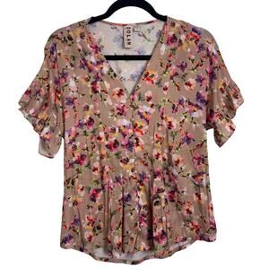 Dolan Anthropologie Tan Floral Mitzi Pleated Ruffle Short Sleeve Blouse Top XS